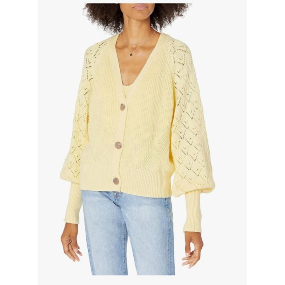 The Drop Butter Yellow Knit‎ Button-Up Puff Sleeve Cardigan Size S